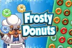 Tecknad bild av en isbjörn utklädd till kock som håller färgglada munkar, med texten Frosty Donuts och ett mönster av munkar i bakgrunden