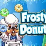 Tecknad bild av en isbjörn utklädd till kock som håller färgglada munkar, med texten Frosty Donuts och ett mönster av munkar i bakgrunden