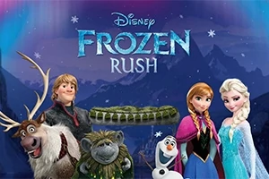 Karaktärer från en animerad film står framför en kvällshimmel med berg i bakgrunden och texten Frozen Rush ovanför