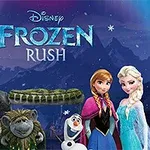 Karaktärer från en animerad film står framför en kvällshimmel med berg i bakgrunden och texten Frozen Rush ovanför