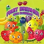Tecknade frukter med ansikten, inklusive bananer, apelsiner och bär, mot en grön bakgrund