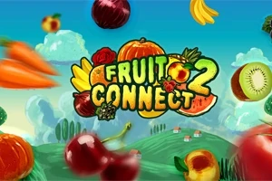 Tecknad bild med olika frukter och grönsaker som apelsin, kiwi, bananer, körsbär och morötter mot en bakgrund av en blå himmel och moln, med texten FRUIT CONNECT 2 i mitten