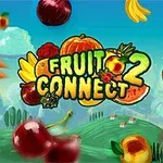 Tecknad bild med olika frukter och grönsaker som apelsin, kiwi, bananer, körsbär och morötter mot en bakgrund av en blå himmel och moln, med texten FRUIT CONNECT 2 i mitten