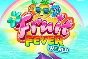 Färgglad illustration med texten Fruit Fever World och glada frukter ovanför en regnbåge