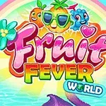 Färgglad illustration med texten Fruit Fever World och glada frukter ovanför en regnbåge