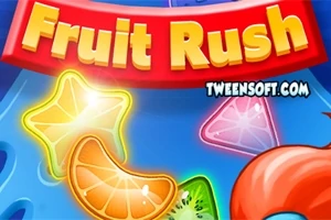 Färgglada fruktsymboler, såsom apelsinklyftor och stjärnfrukt, mot en blå bakgrund med texten Fruit Rush