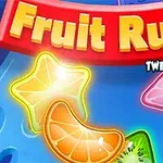 Färgglada fruktsymboler, såsom apelsinklyftor och stjärnfrukt, mot en blå bakgrund med texten Fruit Rush