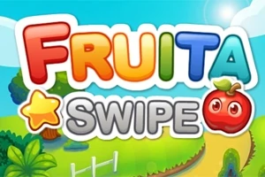 Texten Fruita Swipe i färgglada bokstäver med en stjärna och ett äpple mot en tecknad bakgrund med landskap och stig