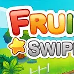 Texten Fruita Swipe i färgglada bokstäver med en stjärna och ett äpple mot en tecknad bakgrund med landskap och stig