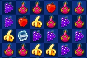 Färgglada fruktsymboler inklusive vindruvor, bananer, äpplen, och drakfrukt arrangerade i ett rutnät med en isbit i blå bakgrund
