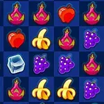 Färgglada fruktsymboler inklusive vindruvor, bananer, äpplen, och drakfrukt arrangerade i ett rutnät med en isbit i blå bakgrund