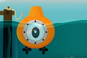Orange ubåt flyter i vattnet nära en brygga