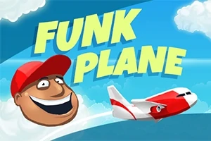 Tecknad bild med en glad man i röd keps, ett rött och vitt flygplan, och texten FUNK PLANE mot en blå himmel med moln