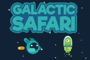 Texten Galactic Safari ovanför animerade rymdfigurer med en rymdfarkost och en grönt enögt monster