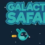 Texten Galactic Safari ovanför animerade rymdfigurer med en rymdfarkost och en grönt enögt monster