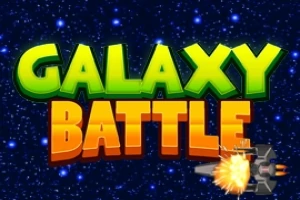 Texten Galaxy Battle i grönt och orange med en stjärnfylld bakgrund och en explosion från ett rymdskeppshörn