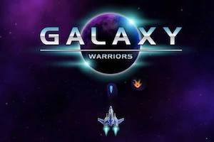 Rymdskepp som flyger mot en lysande planet med texten Galaxy Warriors i ett stjärnfält