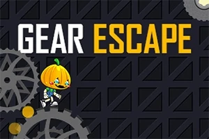 En tecknad figur med ett pumpahuvud står på ett stort kugghjul mot en mörk, mönstrad bakgrund med texten GEAR ESCAPE