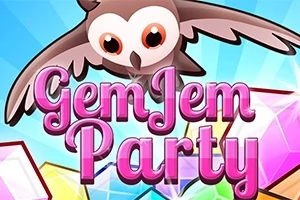 En tecknad uggla ovanför rosa texten Gem Jem Party med färgglada ädelstenar i bakgrunden