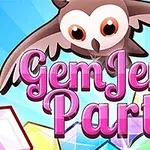 En tecknad uggla ovanför rosa texten Gem Jem Party med färgglada ädelstenar i bakgrunden