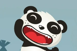 Tecknad panda med stora ögon och ett glatt uttryck på en blå bakgrund