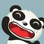 Tecknad panda med stora ögon och ett glatt uttryck på en blå bakgrund