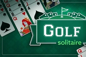 Spelkort med en drottning, klöver och spader, samt en grön skylt med texten Golf Solitaire