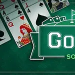 Spelkort med en drottning, klöver och spader, samt en grön skylt med texten Golf Solitaire