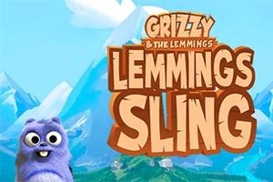 En lila tecknad figur med stora ögon står framför en bakgrund av berg och den tecknade texten LEMMINGS SLING visas i mitten