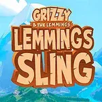 En lila tecknad figur med stora ögon står framför en bakgrund av berg och den tecknade texten LEMMINGS SLING visas i mitten