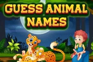Två tecknade leoparder och ett barn sitter i en skogsmiljö under månskenet, med texten GUESS ANIMAL NAMES ovanför