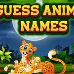 Två tecknade leoparder och ett barn sitter i en skogsmiljö under månskenet, med texten GUESS ANIMAL NAMES ovanför