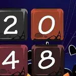 Svarta och röda block med siffrorna 2, 0, 4 och 8 mot en mörk bakgrund med halloween-tema