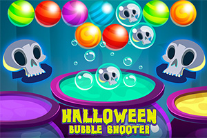 Färgglada bollar och tecknade dödskallar mot en mörk bakgrund med texten Halloween Bubble Shooter längst ner