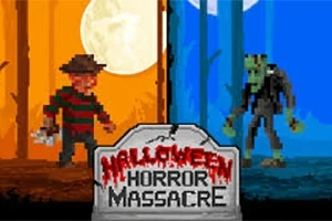 Två skräckfigurer står mittemot varandra mot en bakgrund som är uppdelad i orange och blå; en gravsten med texten Halloween Horror Massacre syns i förgrunden