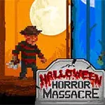 Två skräckfigurer står mittemot varandra mot en bakgrund som är uppdelad i orange och blå; en gravsten med texten Halloween Horror Massacre syns i förgrunden