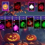 Kort med halloween-tema mot en bakgrund av pumpor och nattliga landskap