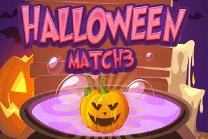 En pumpa med ett ansikte flyter på en lila vätska i en kittel framför stearinljus och en trävägg med texten Halloween Match3 ovanför