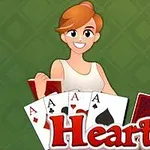 Tecknad person med rödbrunt hår håller spelkort framför sig och texten Hearts syns på en grön bakgrund