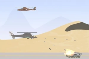 Två helikoptrar och en stridsvagn på en ökenbakgrund, där stridsvagnen avfyrar skott