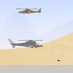 Två helikoptrar och en stridsvagn på en ökenbakgrund, där stridsvagnen avfyrar skott