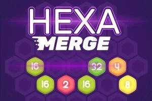 Texten Hexa Merge med färgglada numrerade hexagoner på en lila bakgrund