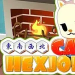 En tecknad kattfigur står framför en brinnande öppen spis med texten Cats Hexjong i förgrunden