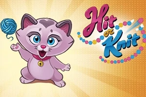 Tecknad bild av en glad kattunge med blå garnboll bredvid texten Hit or Knit i färgglada bokstäver