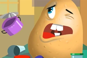 En tecknad potatis med ett ansiktsuttryck av förvåning omgiven av köksföremål