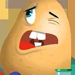 En tecknad potatis med ett ansiktsuttryck av förvåning omgiven av köksföremål