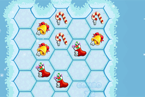 Julmotiv med klockor, polkagrisstänger och julstrumpor på en hexagonal isbana