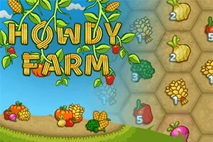 Texten Howdy Farm med bokstäver i majsstil och olika grönsaker och frukter i tecknat stil på en plats med en blå himmel och gröna fält
