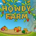 Texten Howdy Farm med bokstäver i majsstil och olika grönsaker och frukter i tecknat stil på en plats med en blå himmel och gröna fält