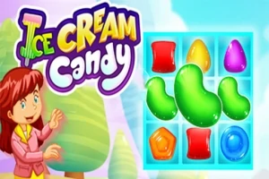 Tecknad flicka står bredvid färgglada godisar och texten Ice Cream Candy på en ljus bakgrund